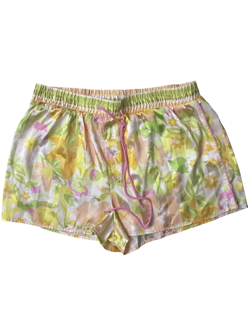 Free People Pastel Floral Satin Lounge Shorts in Yellow, Green & Pink - Picture 1 of 4